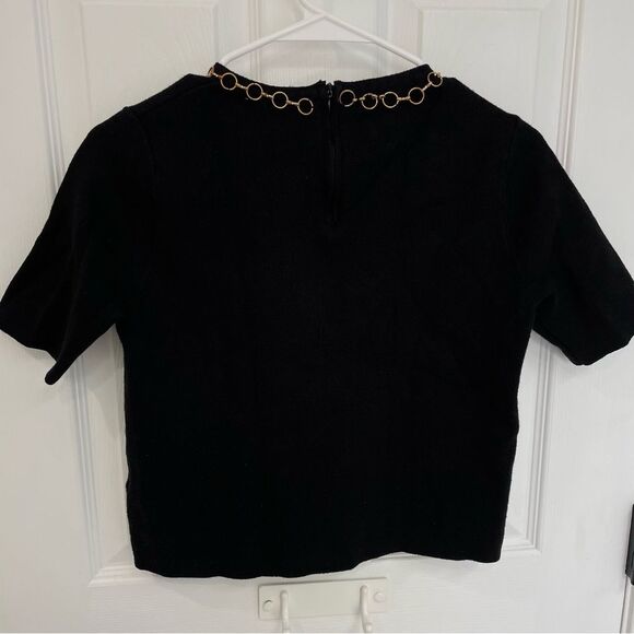ZARA Knit Black Cropped Short Sleeve Chain Detail Collar Top Women’s Size S - Picture 2 of 8